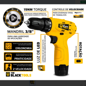 Parafusadeira Furadeira The Black Tools TB12A 3/8 a Bateria Cor Amarelo Frequência 60Hz